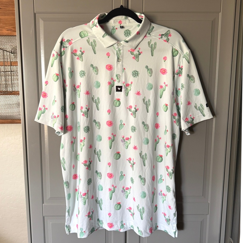 Bad Birdie Mens Cactus Print UV Performance Golf Polo, Green Pink, XL - Picture 1 of 14